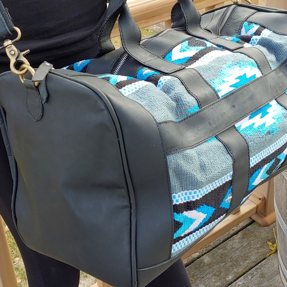 Handmade Saddle Blanket leather duffel bag black turquoise travel boho - Picture 4 of 12